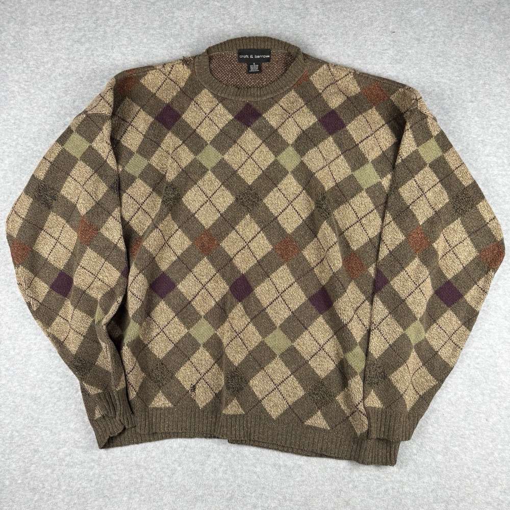 VTG Croft & Barrow Men's XL Argyle Sweater Brown Cotton Knit Made In USA Flawed